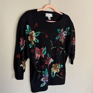 Vintage | Black Sequin Floral Beaded Embellished Sweatshirt | M